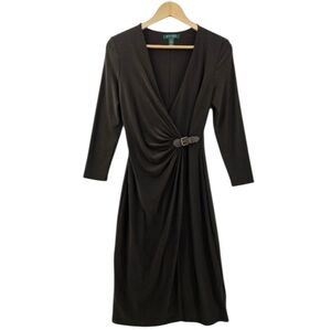 Lauren Ralph Lauren Rich Brown Jersey Wrap Dress Leather Buckle Women's Size 2